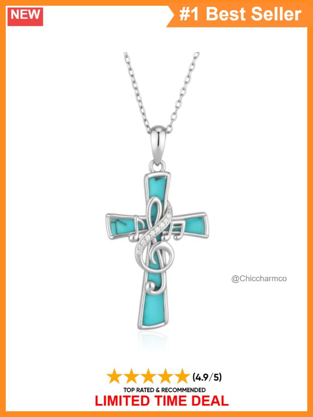 925 Sterling Silver Turquoise Cross Music Note Pendant Necklace